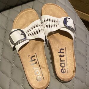 Earth White and Tan Slide Sandals with Woven Design